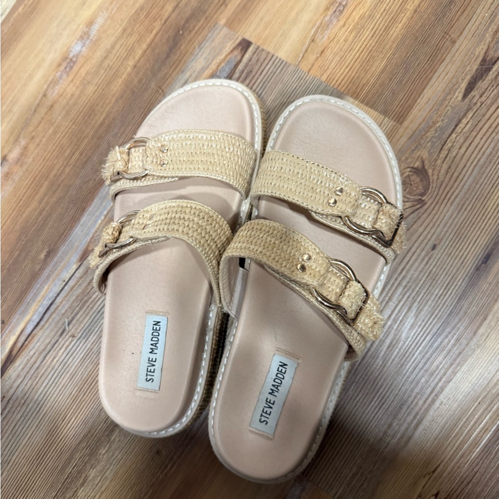 Steve Madden Tan Woven Double-Buckle Slide Sandals